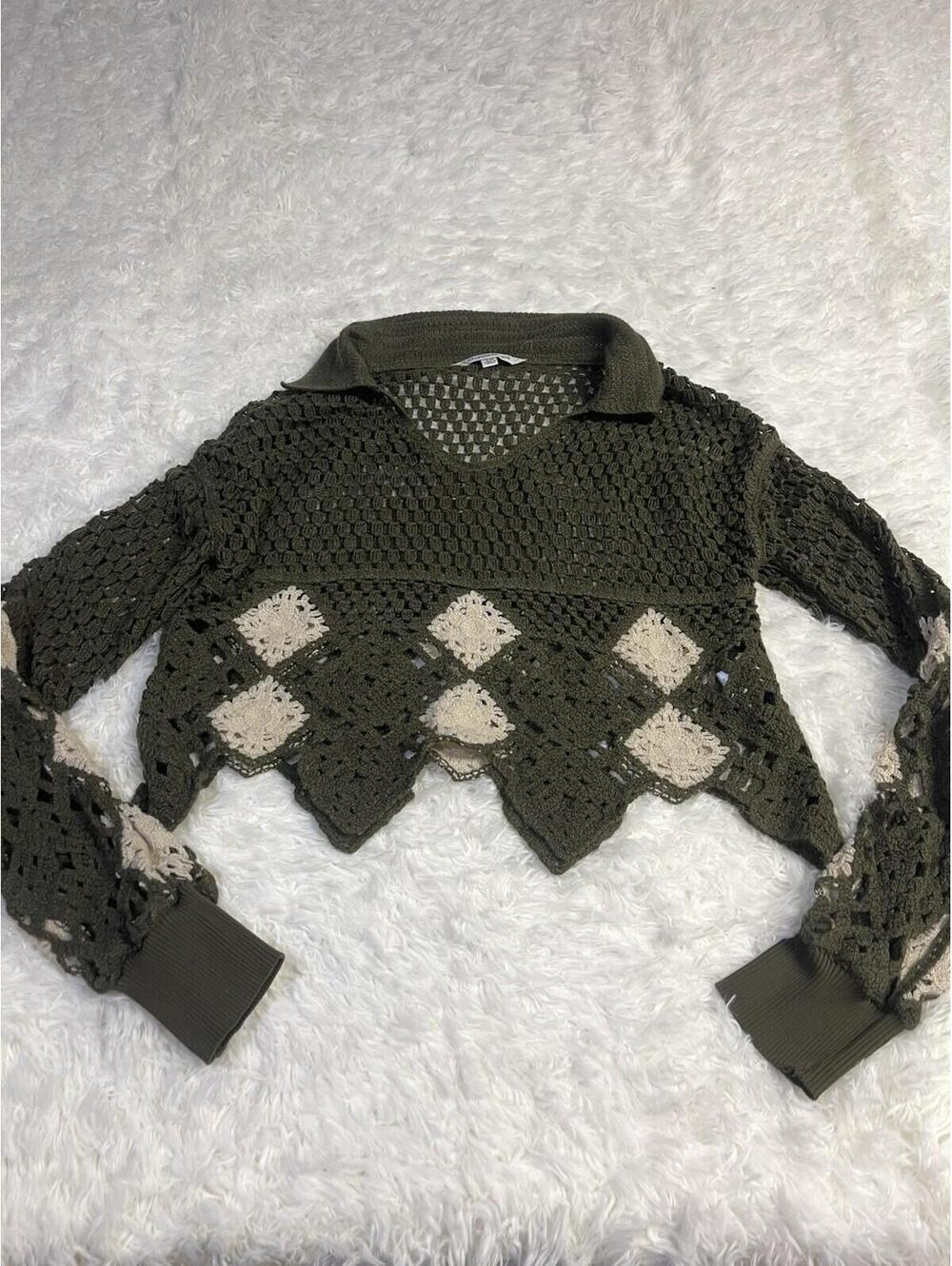 Davi & Dani Open Knit Crochet CROPPED Sweater in Olive